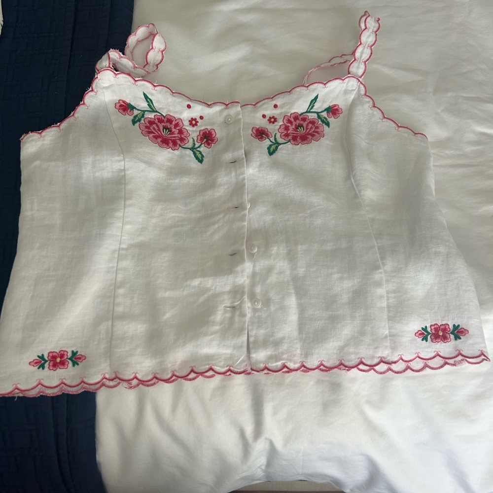 J. Crew White Top with Pink and Green Floral Embroidery
